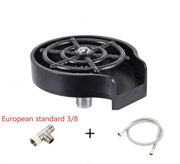 Black high-pressure automatic stainless steel glass washer with copper hose on ABS base.