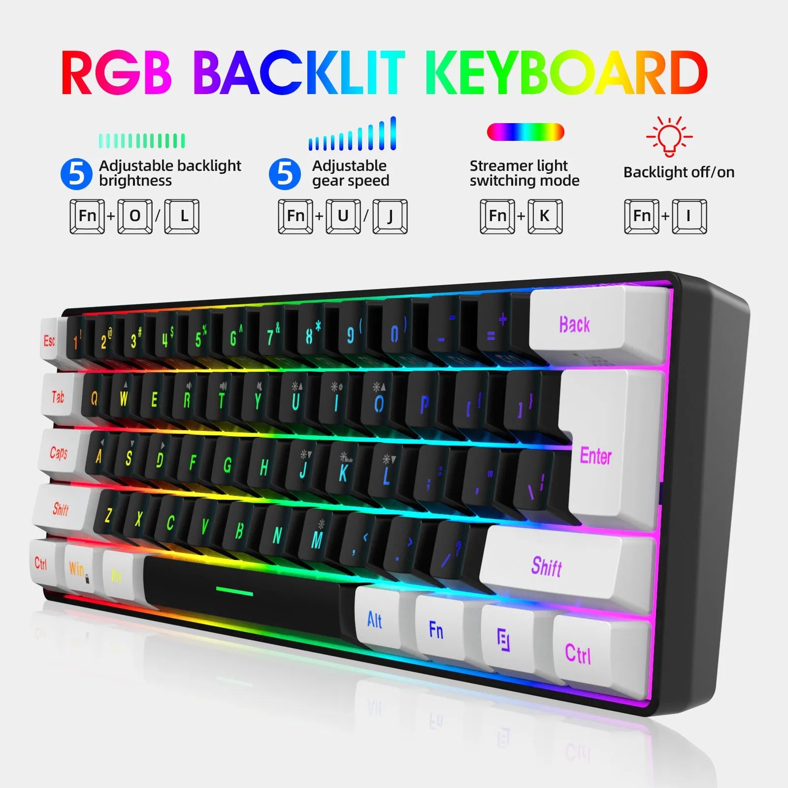 White and black keyboard and mouse combo with colour backlighting and 1.5-metre USB cable