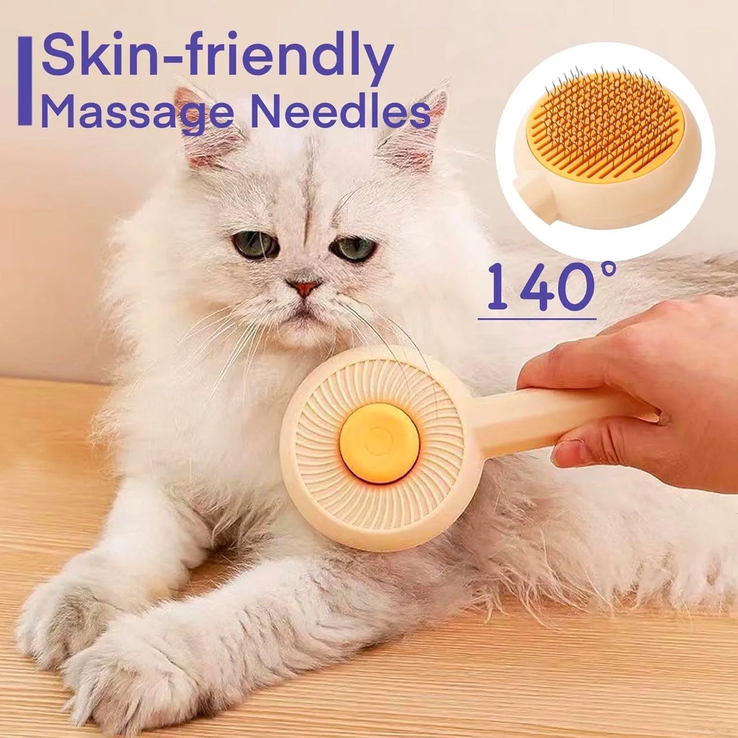 Blue pet grooming brush with angled metal needles and self-cleaning button on handle