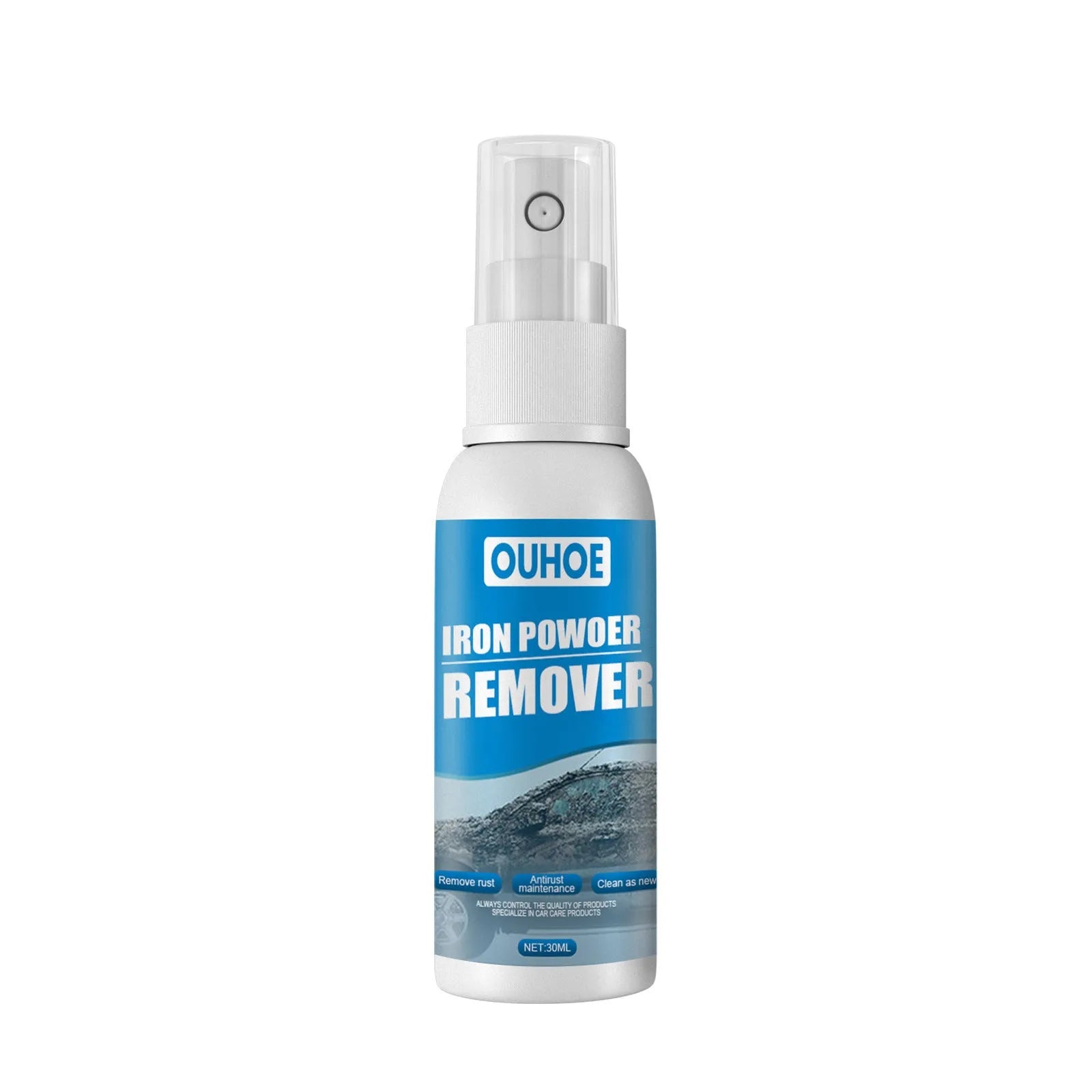 Automotive rust remover spray bottle with blue square sponge applicator for car surface treatment