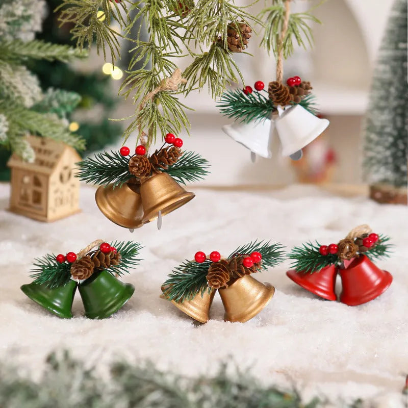 Wrought iron pine cone double bell Christmas pendant in gold colour with loop hanger