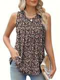 A black floral print sleeveless vest on a hanger, showing its loose fit and round neck design.
