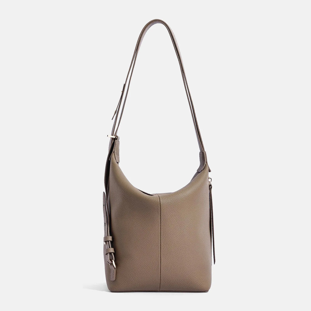 Soft genuine cowhide leather women's bucket shoulder bag in elephant grey colour