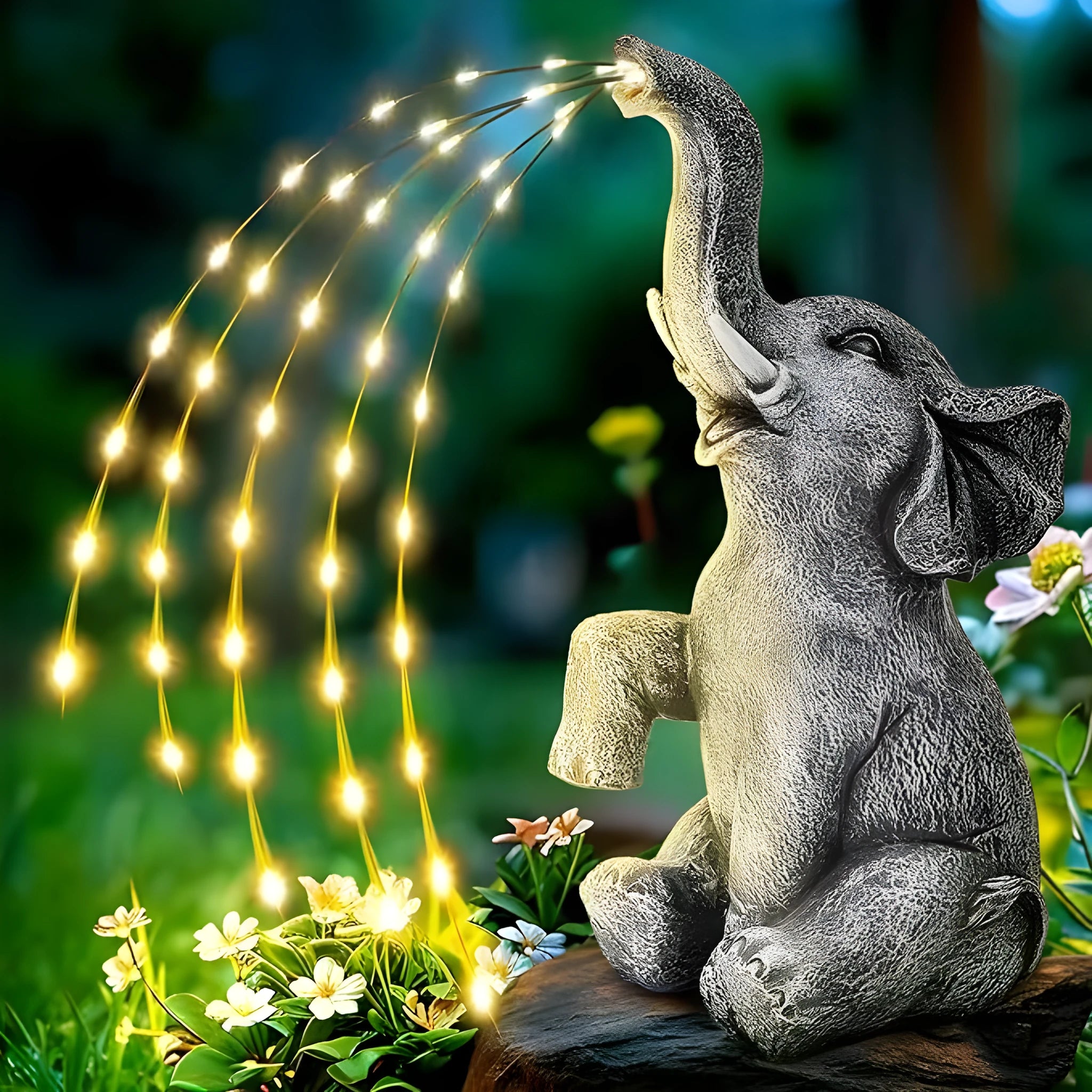 Modern grey resin elephant garden sculpture with integrated LED lighting strip