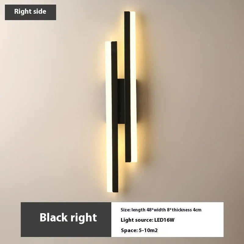 Modern minimalist Scandinavian LED wall light with acrylic shade in black or gold finish, shown in 48cm, 50cm, and 65cm sizes.