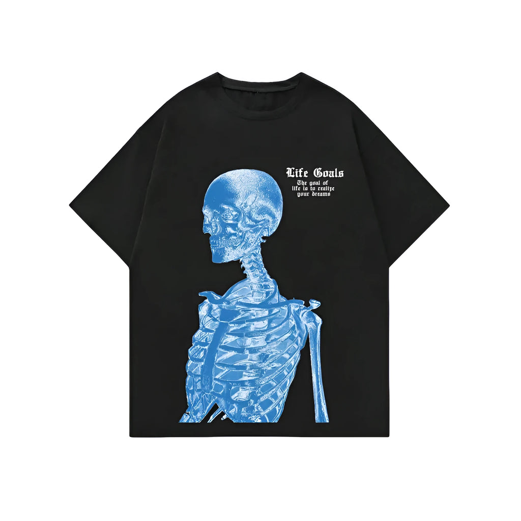 Men's printed short-sleeved sports T-shirt with digital pattern on polyester fabric, showing pullover design and casual streetwear styling