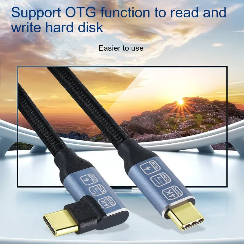 Double Type-C full-function woven fast charging data cable in black single-bend design on grey background
