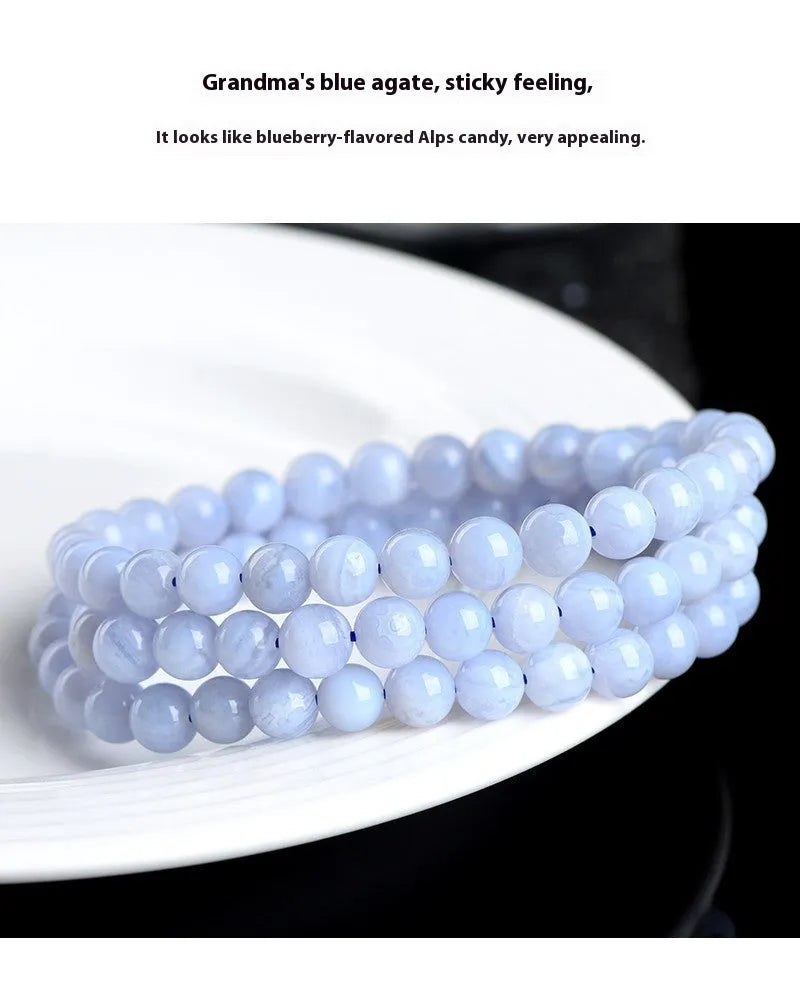 Blue striped agate bracelet with three circles of 6-6.8mm beads in unisex design