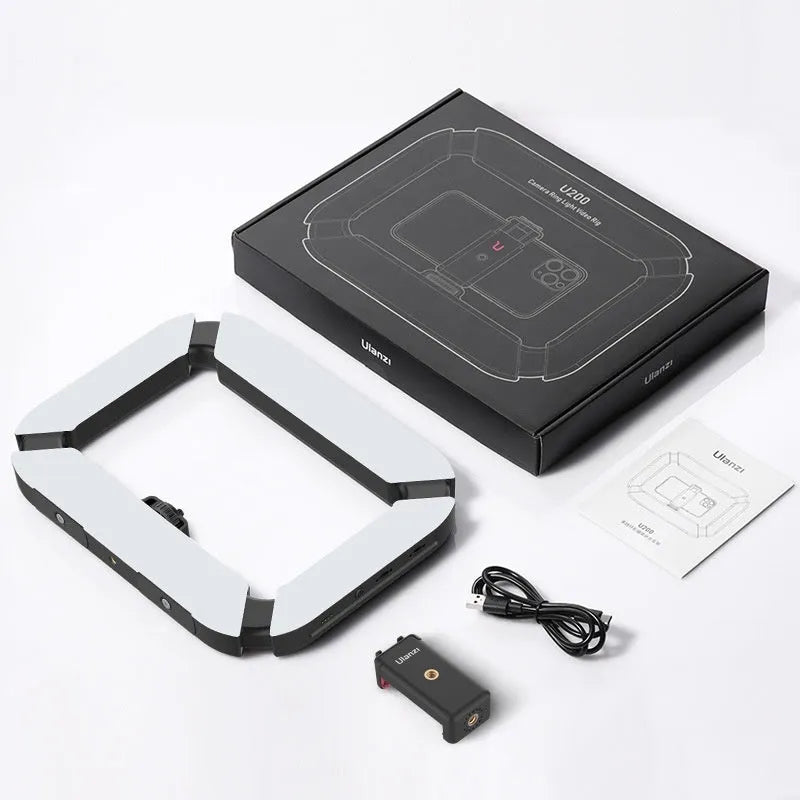 U200 white LED fill light with thick frosted panel and bracket on a tabletop