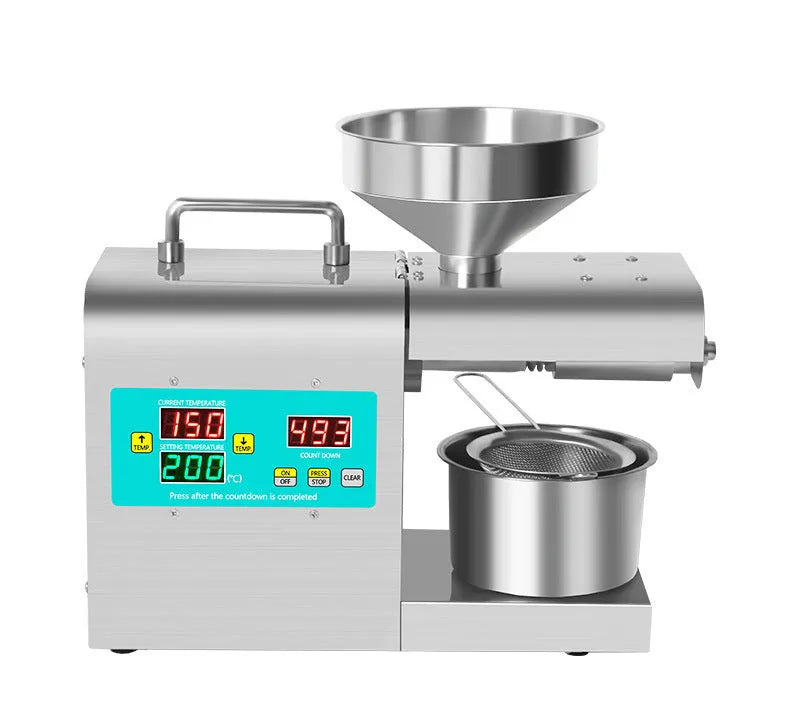 Xiangwei household oil press with digital display measuring 36cm long on kitchen counter