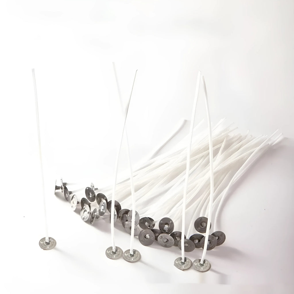 White cotton candle wicks showing three length options: 2.6cm, 6cm, and 8cm for DIY candle making