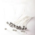 White cotton candle wicks showing three length options: 2.6cm, 6cm, and 8cm for DIY candle making