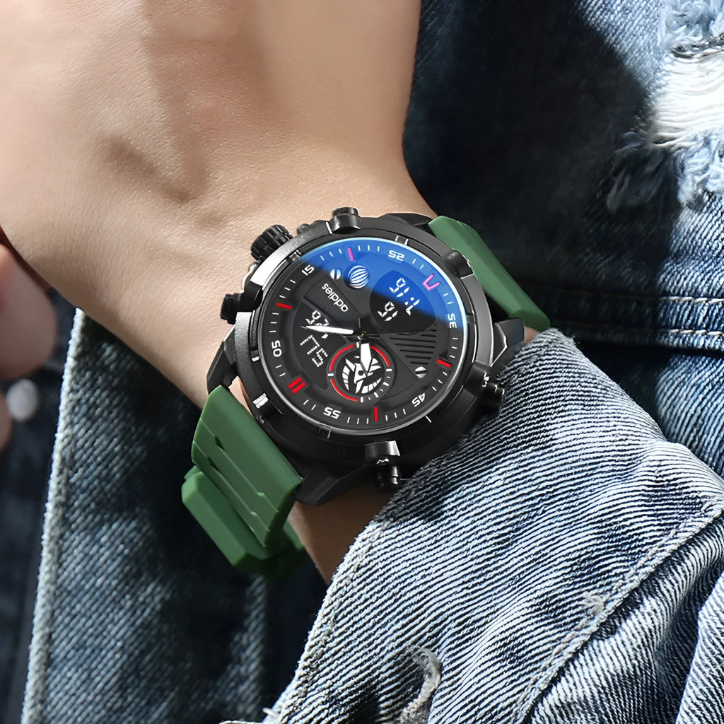 Men's sports luminous digital watch with 46mm round dial, silicone strap, and mineral glass face in black colour