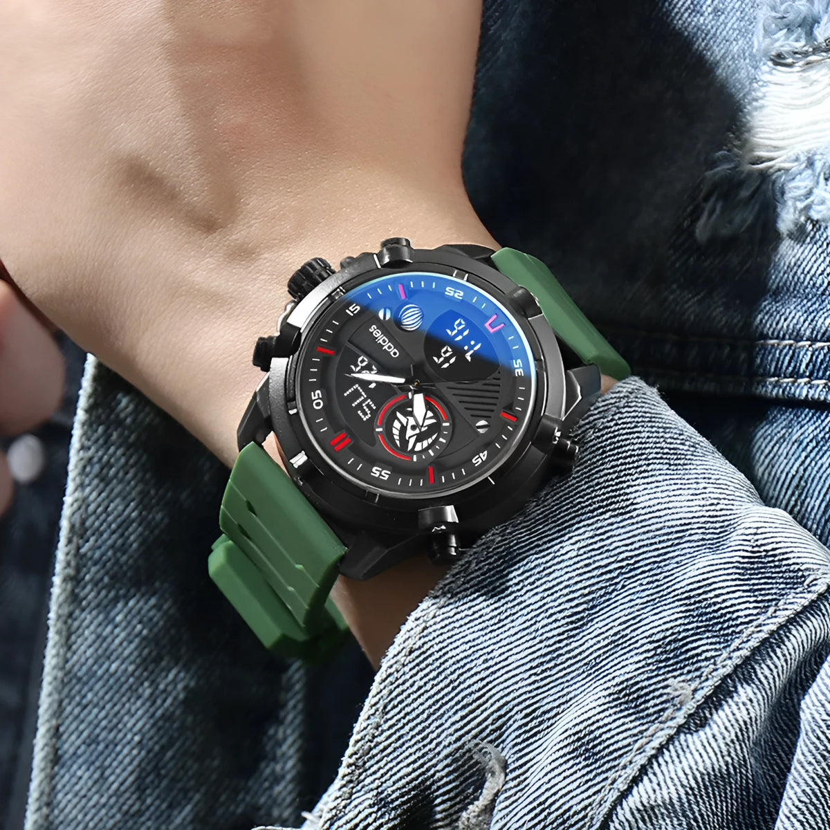 Men's sports luminous digital watch with 46mm round dial, silicone strap, and mineral glass face in black colour