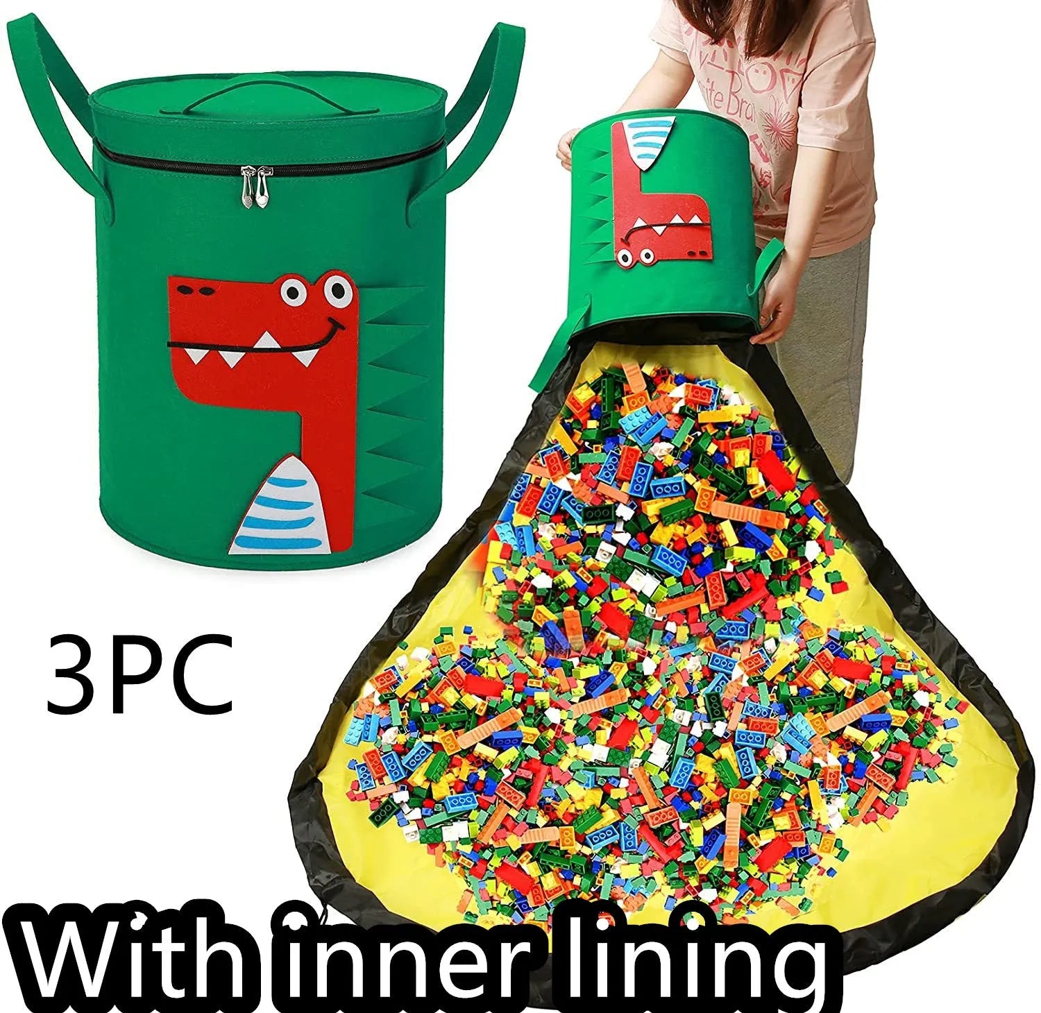 Green felt cube storage bag with pull rope closure shown as toy play mat