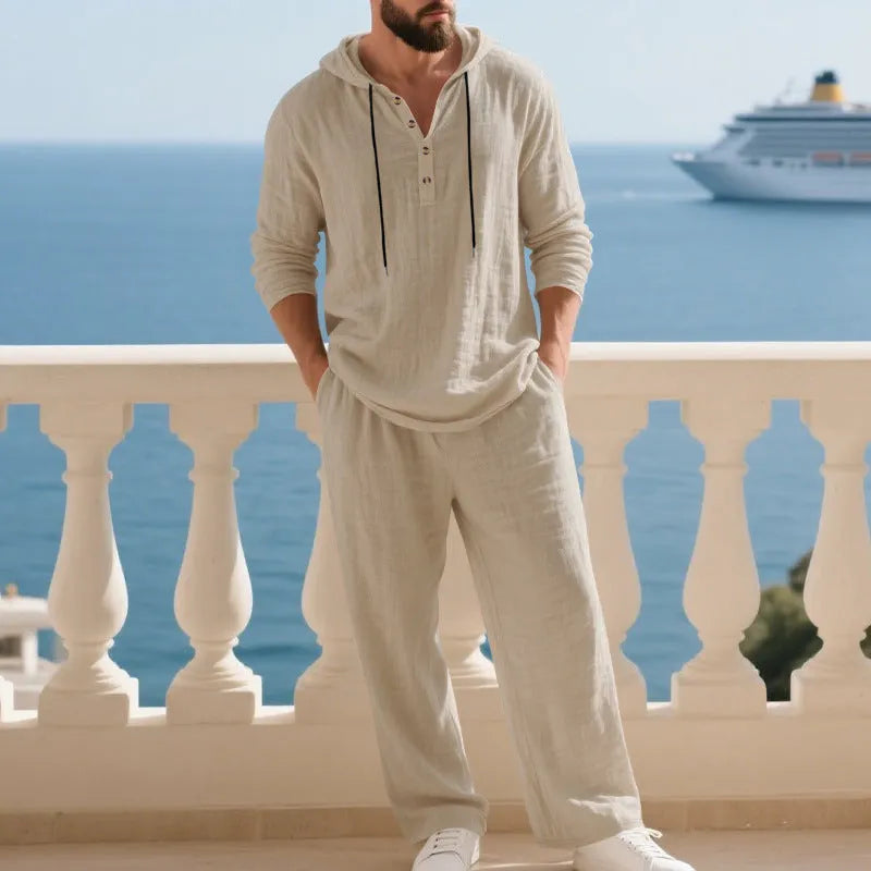 Men's casual loungewear set long sleeve hooded top and jogger pants in cotton blend