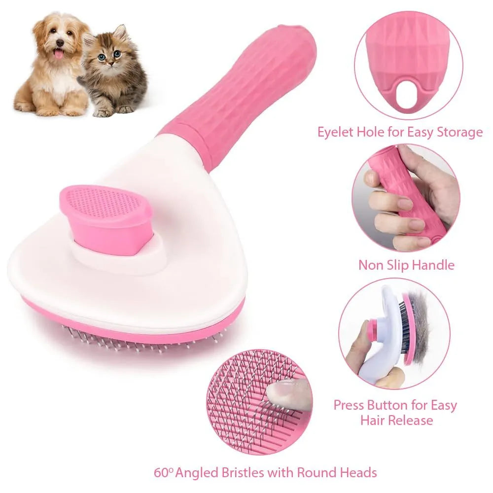 Cat grooming brush with release button in blue, grey and pink colour options