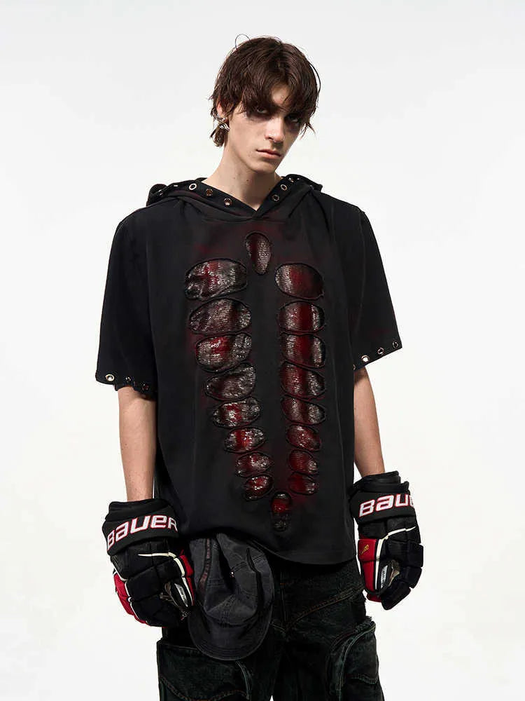 Black men's loose hooded t-shirt with short sleeves and sequin decoration