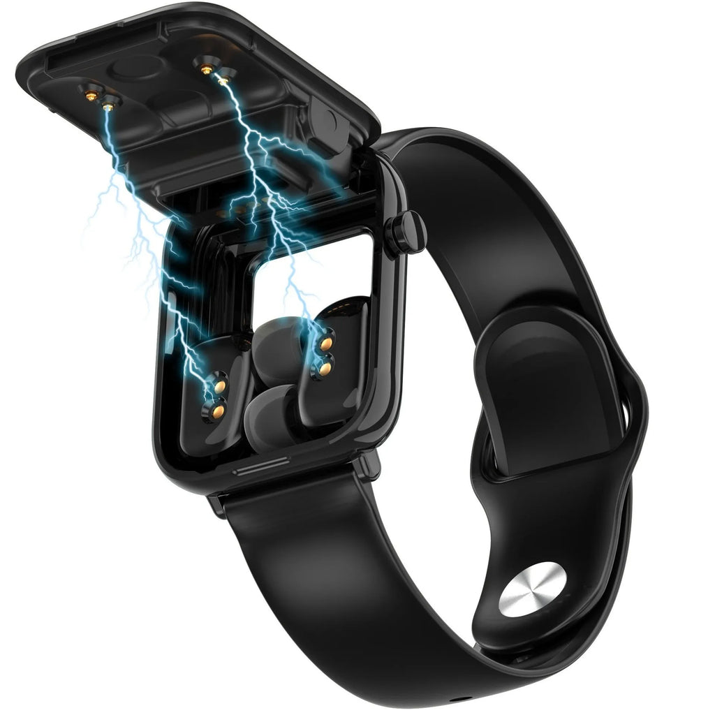 Black smartwatch with Bluetooth headset on wrist showing 1.69-inch touchscreen display.
