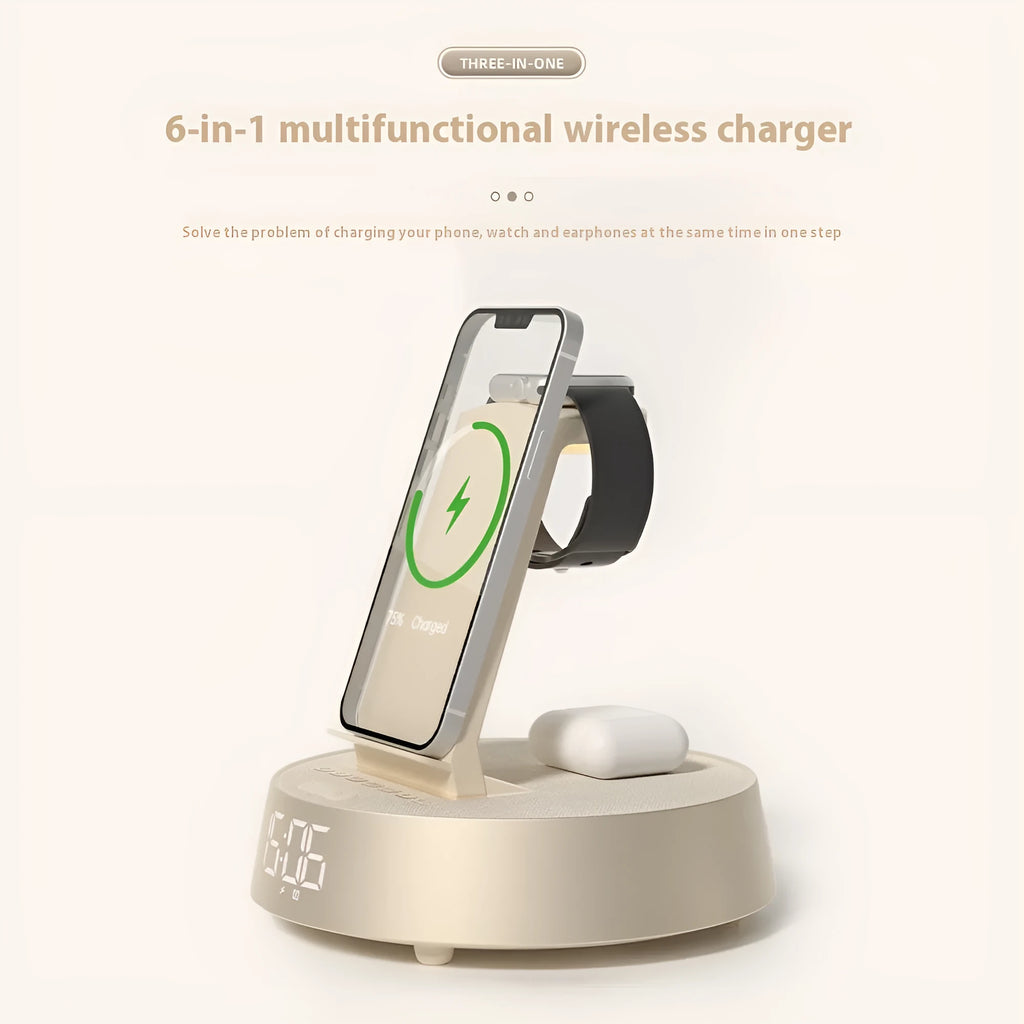 Wireless Bluetooth speaker clock alarm clock with wireless charger in beige, black, or light gray for home use