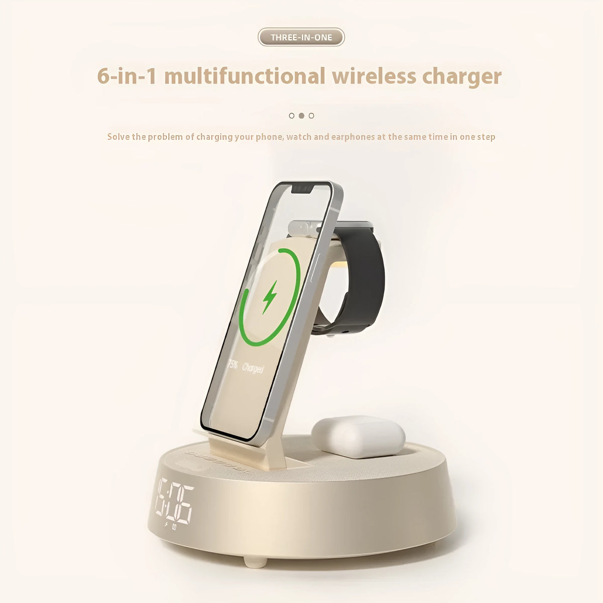 Wireless Bluetooth speaker clock alarm clock with wireless charger in beige, black, or light gray for home use