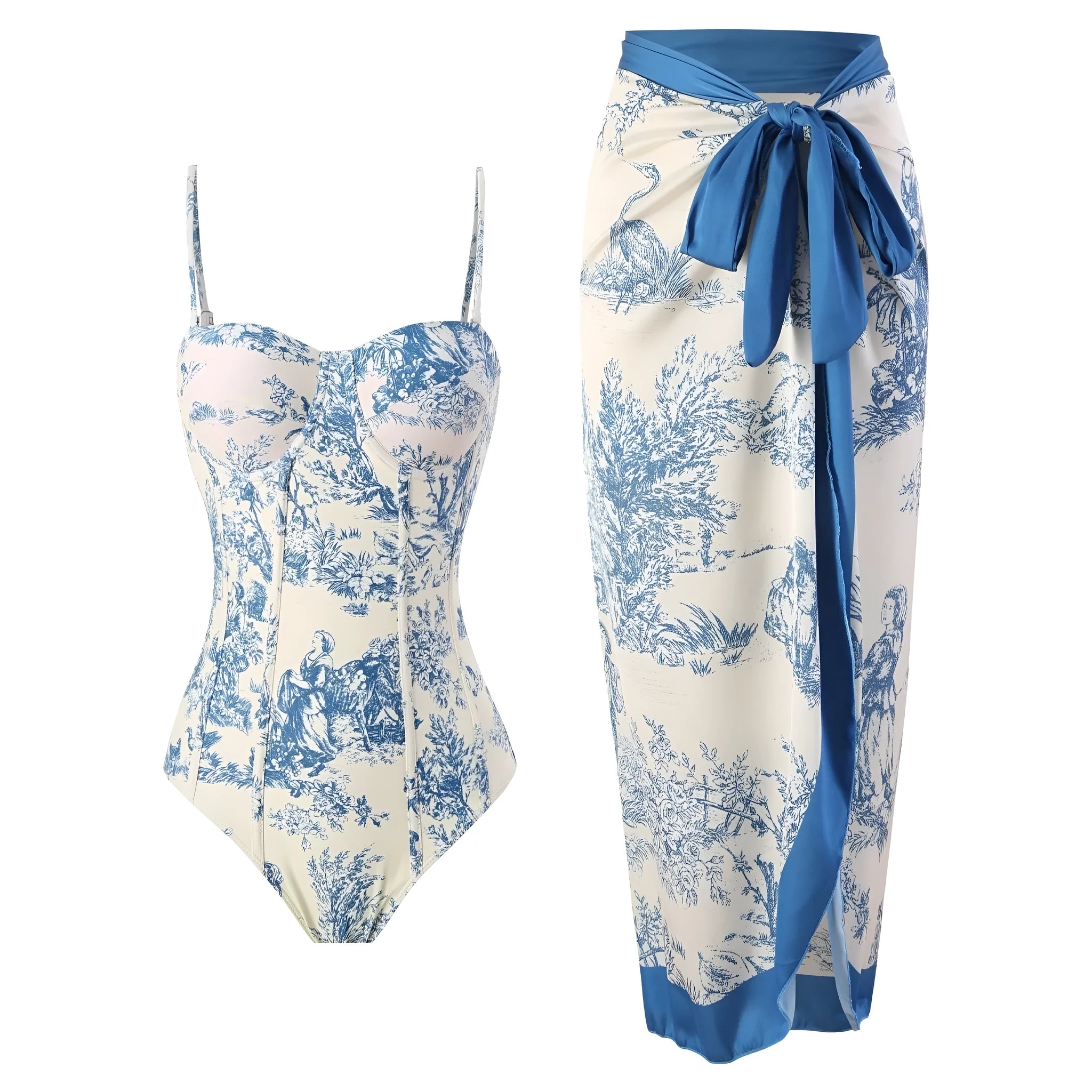 Blue women's one-piece swimsuit with matching gauze skirt on a model
