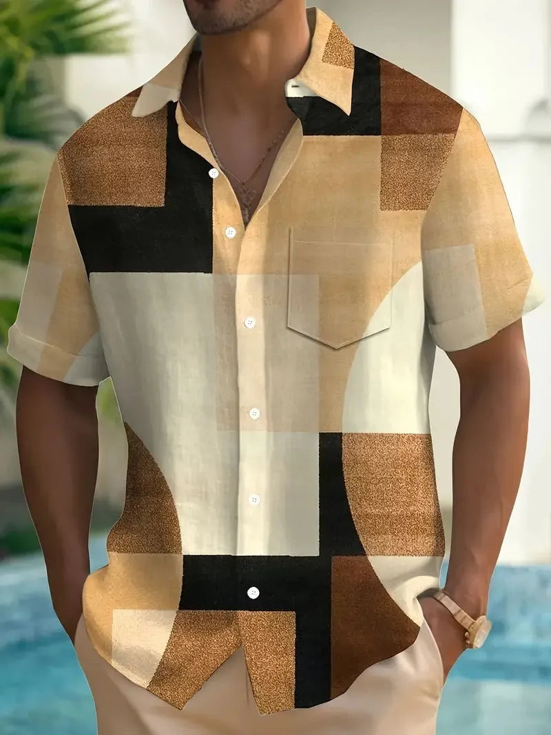 Men's loose fit cardigan shirt with retro geometric 3D printed squares in contrast colours
