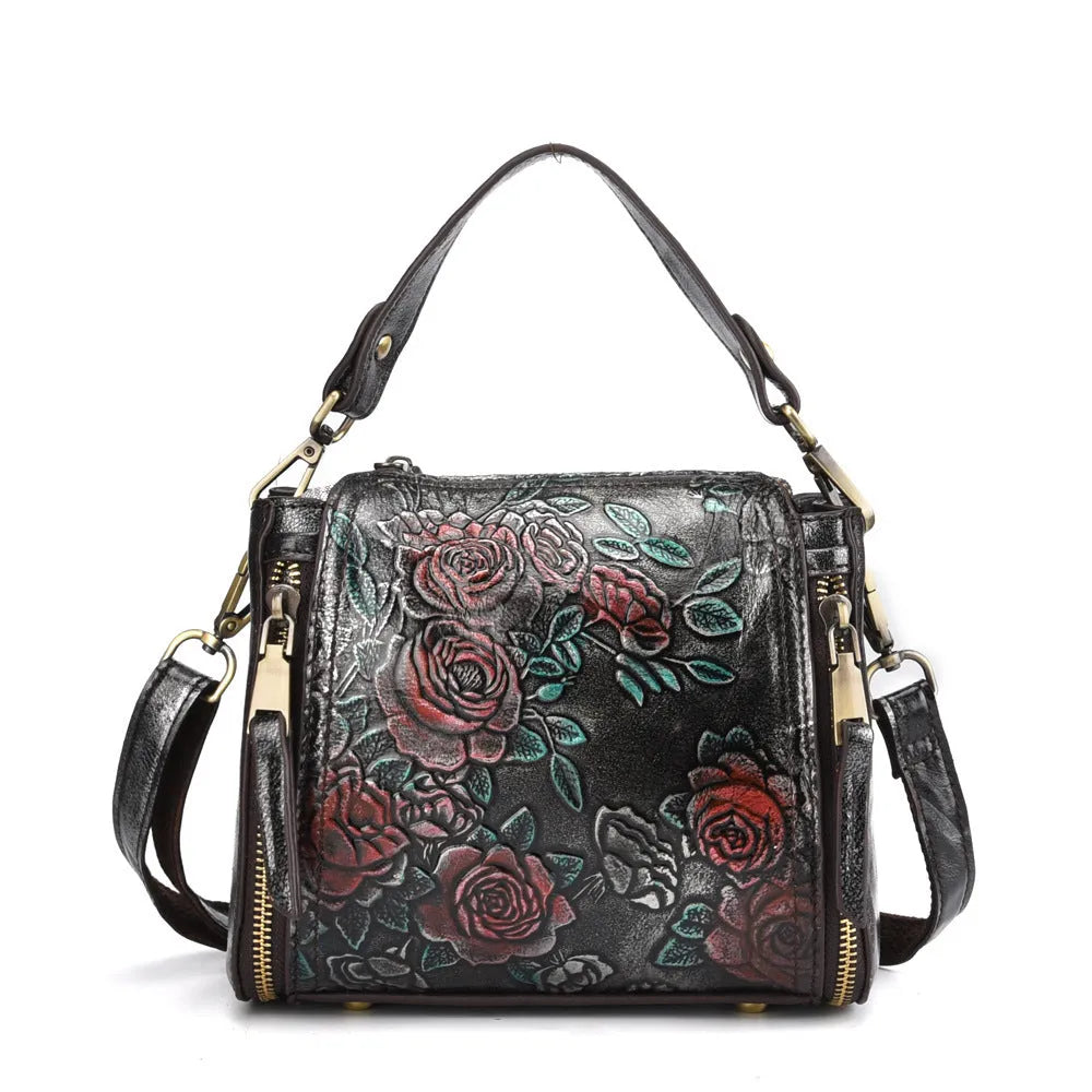 Brown genuine leather women's shoulder bag with square vertical shape and multiple internal compartments