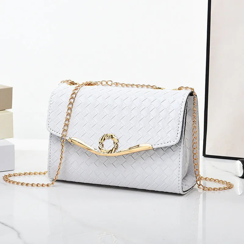 Small PU leather chain shoulder messenger bag in solid colour with woven detail and clamshell opening