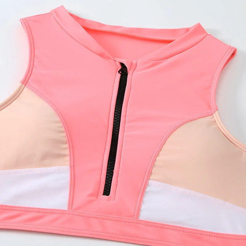 Pink high waist split leg bikini swimsuit with bra and shorts set