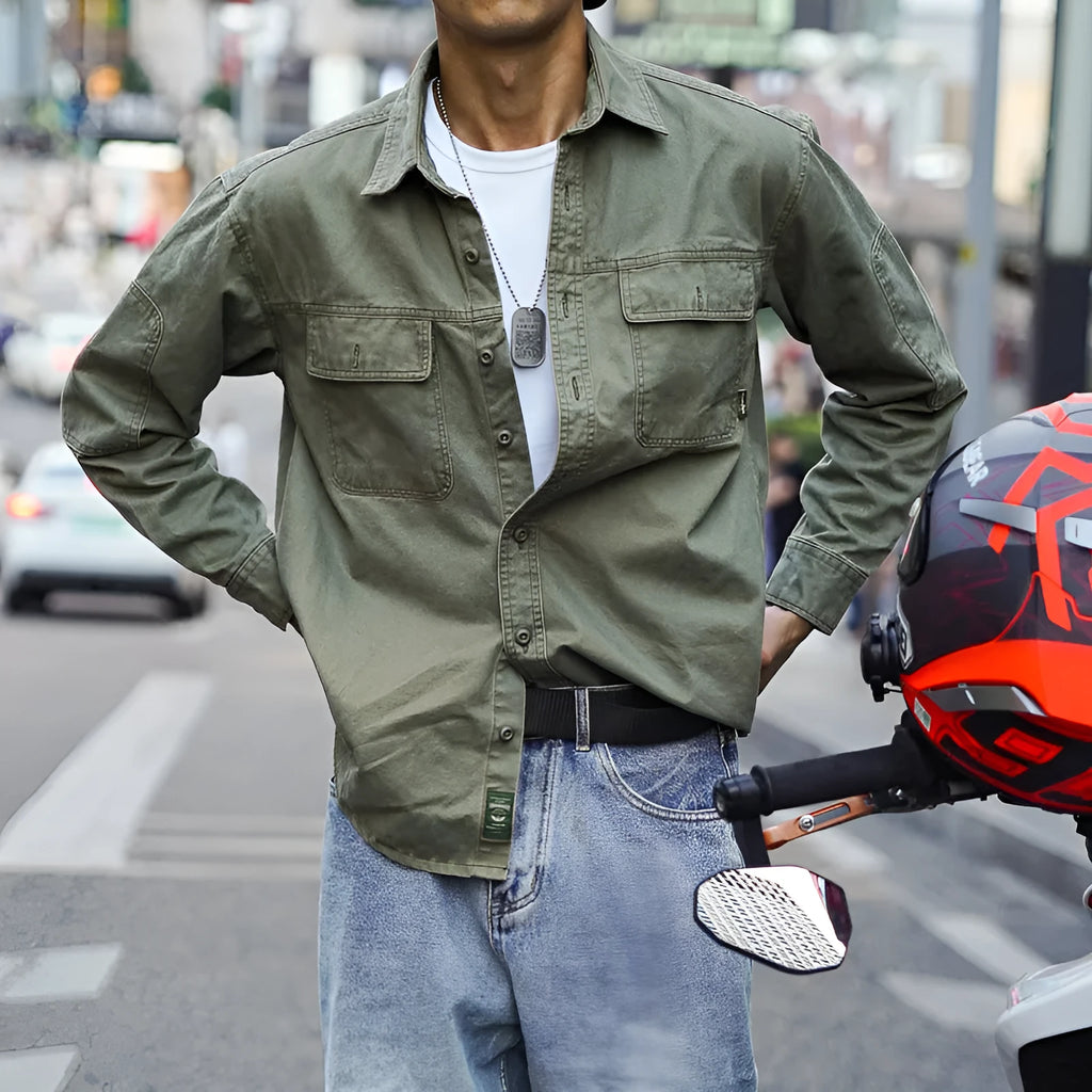 Men's long sleeve striped cardigan shirt in Army Green with loose fit
