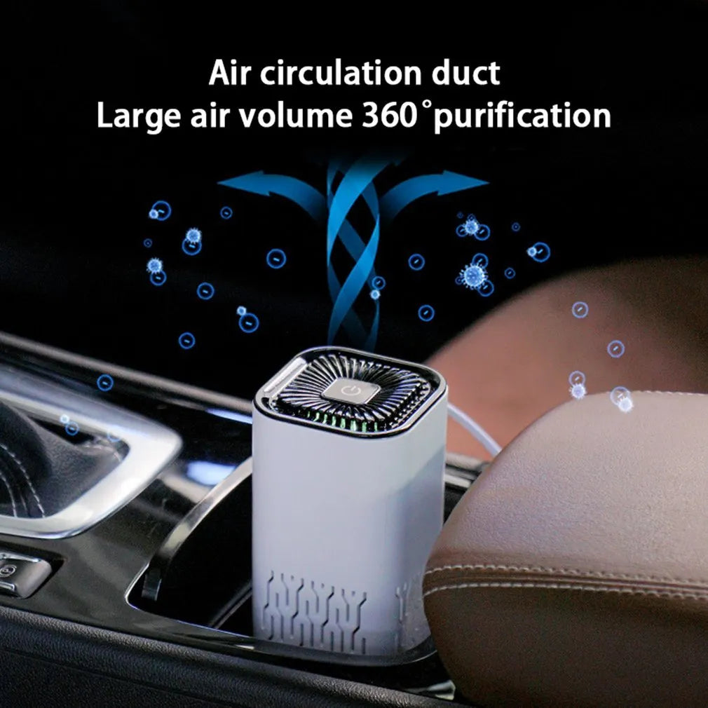 Portable car air purifier with double air inlets, black colour, 60x60x130mm size