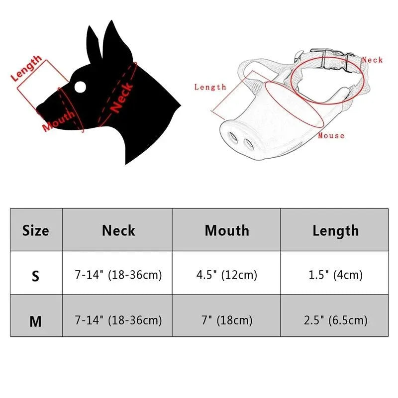 Blue silicone anti-bite mouth cover for dogs showing sizing on long-nosed pet