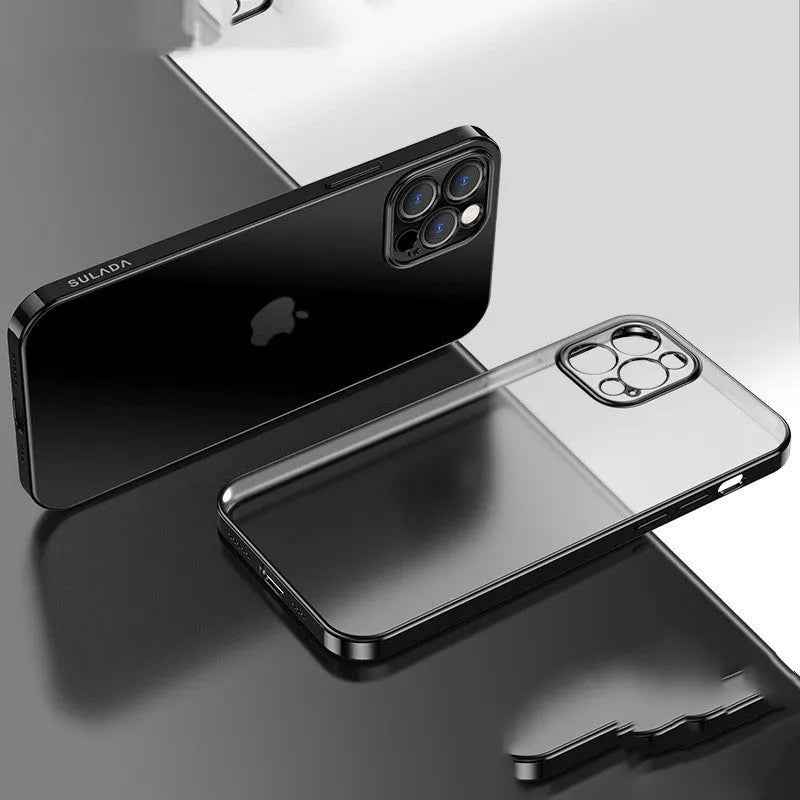 Ultra-thin square frame clear matte silicone phone case for iPhone in blue, green, purple, and yellow.