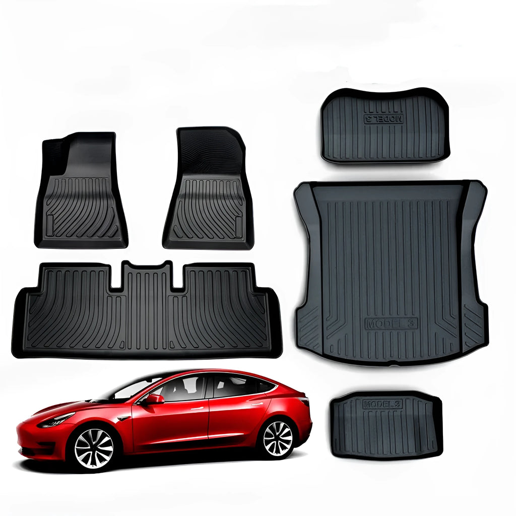 Tesla car floor mats with rubber construction and TPE footrest sections for Model 3, Y, S, X