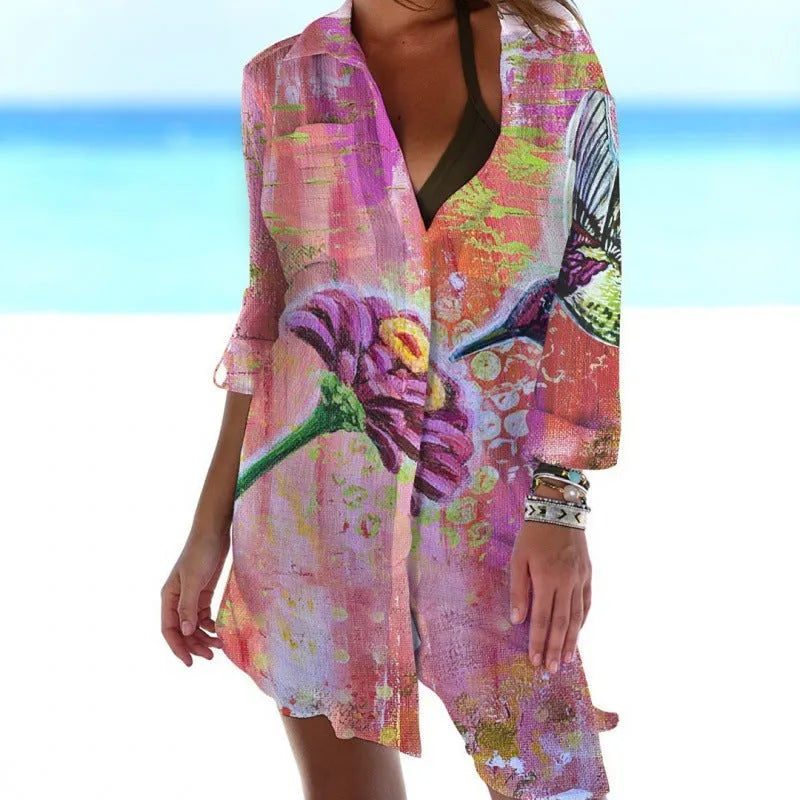 Women's slim fit long sleeve blouse with 3D bird and flower digital print, beach cover shirt in street style
