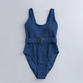 Navy blue solid colour women's one-piece slimming swimsuit with triangle shape and removable chest pads.