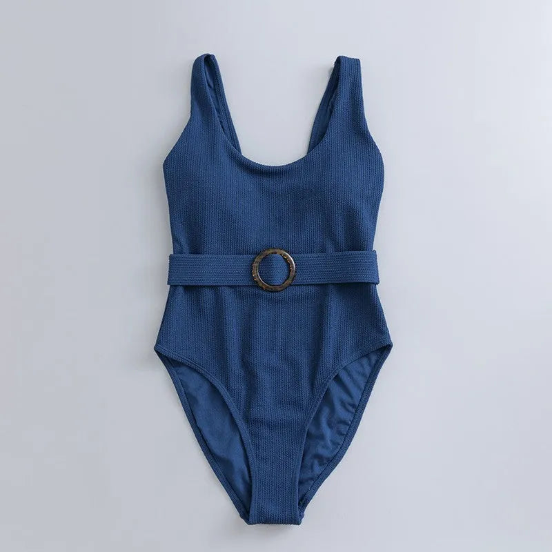Navy blue solid colour women's one-piece slimming swimsuit with triangle shape and removable chest pads.