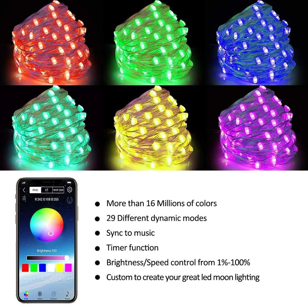 New Bluetooth Christmas tree decoration light with 100 LED beads on 10m string, IP65 rated, remote control for RGB colour