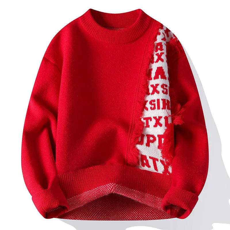 Men's loose fit knitted pullover jumper with ribbed hemline in rabbit fur blend fabric