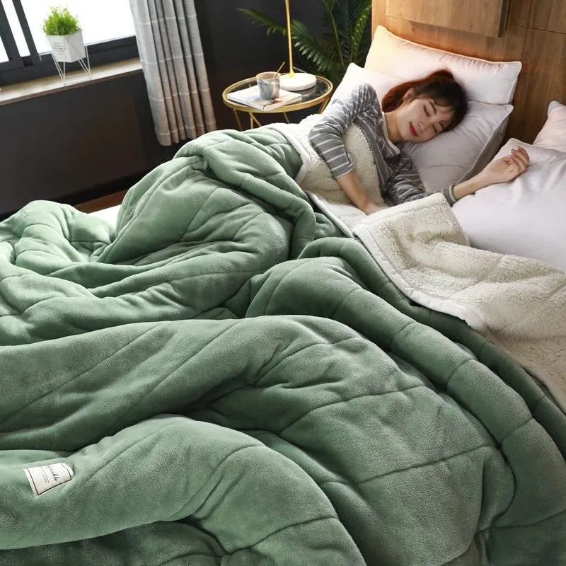 Avocado green coral fleece blanket folded to show its thick texture and 150x200cm size.