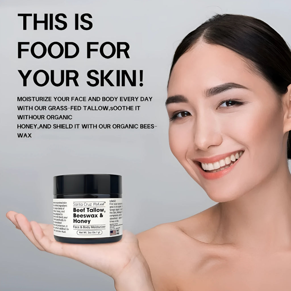 2oz organic beef tallow balm face moisturiser with beeswax and honey in a small tin