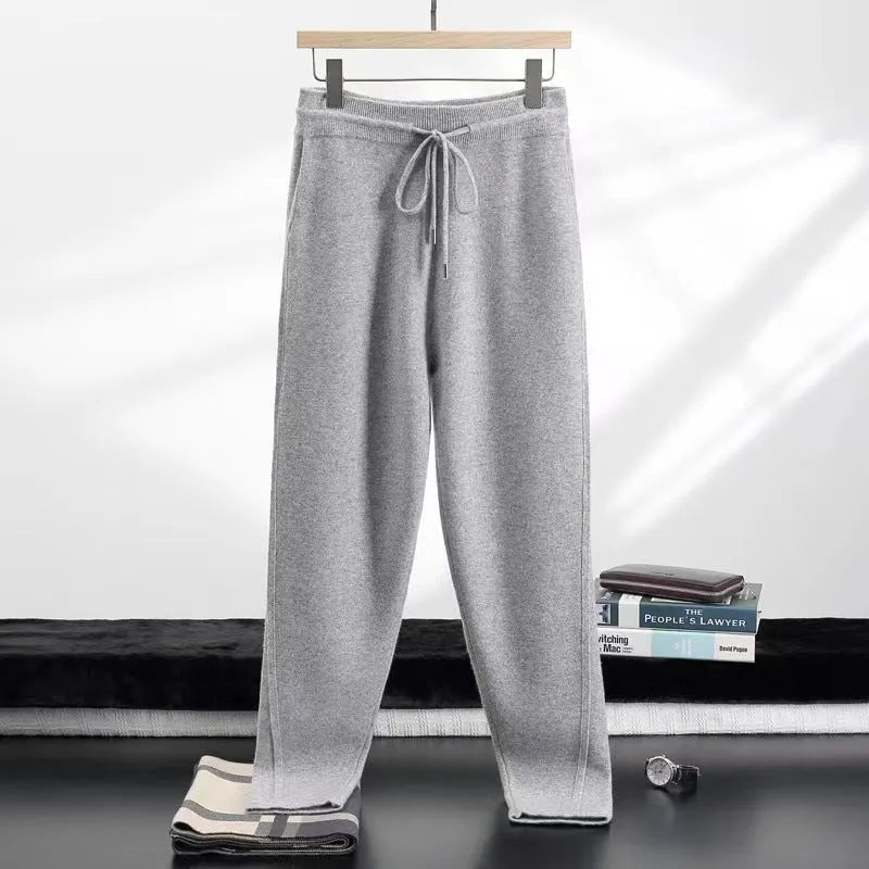 Four flat split thickening casual trousers in cashmere blend, camel colour, mid waist straight leg
