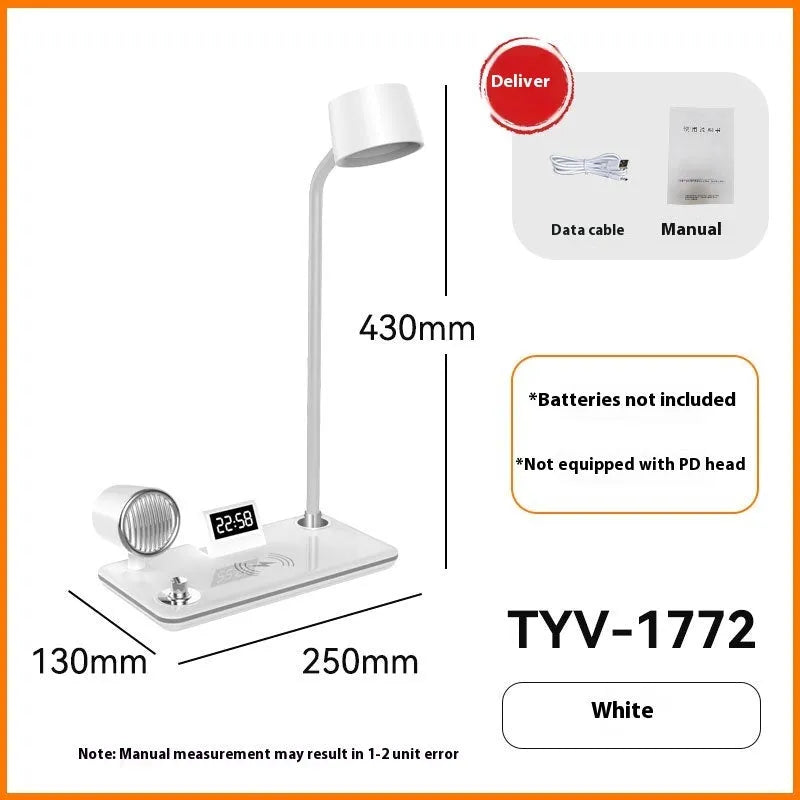 Black or white wireless charging desk lamp with digital clock display and LED eye-protection light