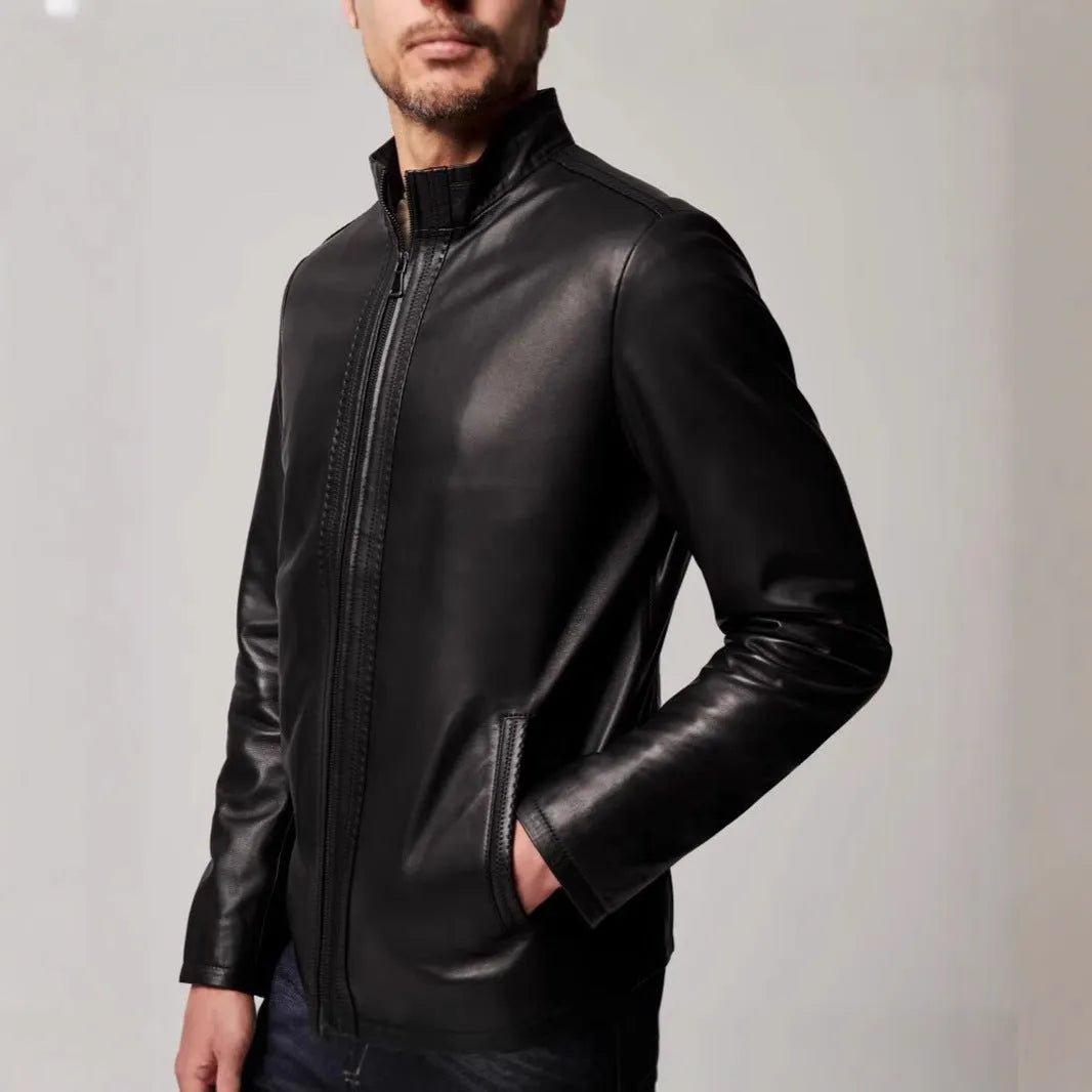 Black men's American retro style leather jacket made from polyester fabric with long sleeves and straight hem