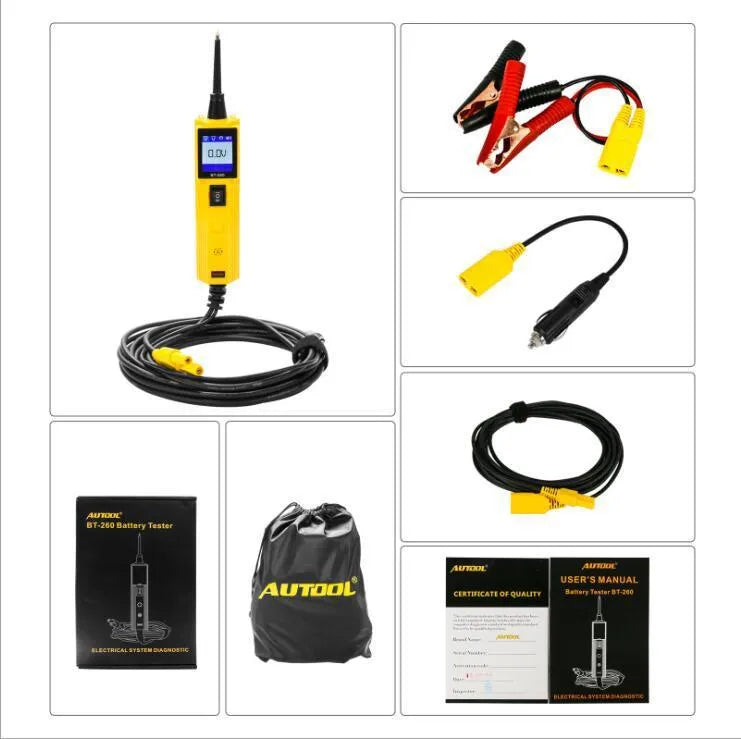 BT260 yellow automotive circuit voltage tester with LCD screen, LED lamp, and probe