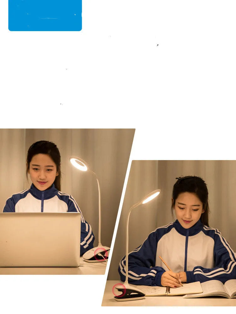 Green USB rechargeable table lamp with touch switch on a wooden desk.