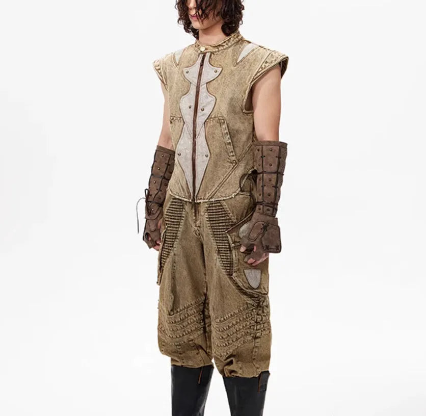 Dark wash cotton pleated vest for men in Korean style with size tags