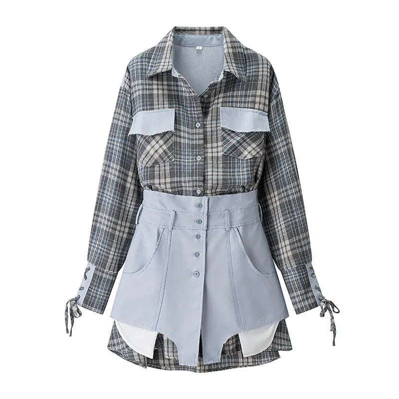 Women's loose plaid shirt and short skirt two-piece set in solid colour with button front and long sleeves, intellectual style, polyester blend fabric.