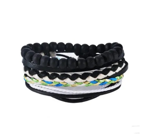 Handmade adjustable leather wrap bracelet with wooden beads on a wrist.